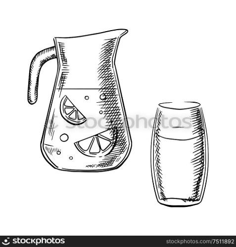 Jug and glass filled with fresh lemonade with slices of lemon fruit and bubbles isolated on white background, outline sketch style. Jug and glass with fresh lemonade