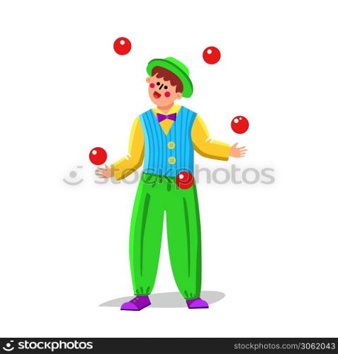 Juggler Clown Juggling Balls In Funny Suit Vector. Juggler Man Performer Throwing Tossing Red Spheres. Circus Worker Artist Character, Entertainment Leisure Time Flat Cartoon Illustration. Juggler Clown Juggling Balls In Funny Suit Vector
