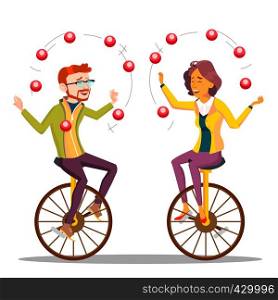 Juggling People Vector. Man, Woman Juggling On Unicycle. Illustration. Juggling People Vector. Business Man, Woman Juggling On Unicycle. Illustration