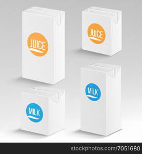 Juice and Milk Package Vector Realistic Mock Up Template. Carton Branding Box 1000 ml and 200 ml. White Empty Clean Cardboard Package Drink Small Juice, Milk Box Blank Isolated. Vector Illustration.. Juice and Milk Package Vector Realistic Mock Up Template. Carton Branding Box 1000 ml and 200 ml. White Empty Clean Cardboard Package Drink Small Juice, Milk Box Blank