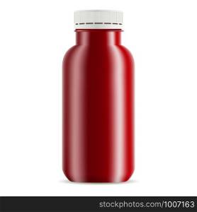 Juice bottle mockup. Realistic 3d vector illustration of red bottle with white plastic lid for fresh, juice, tea, yogurt and other liquid products.. Juice bottle mockup. Realistic 3d illustration