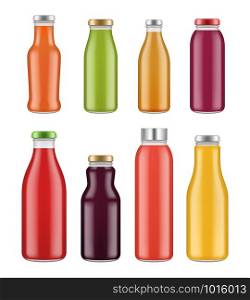 Juice bottles. Transparent jar and packages for colored liquid food and drinks vector mockup. Bottle with colored juice, drink beverage illustration. Juice bottles. Transparent jar and packages for colored liquid food and drinks vector mockup