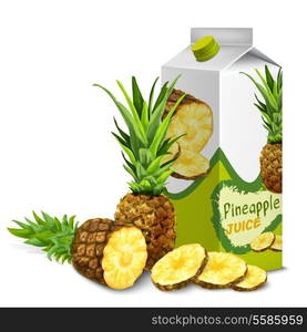 Juice carton cardboard box pack 3d with sliced sweet pineapple isolated vector illustration