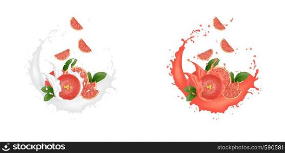 Juice milk yogurt grapefruit slices splashing. Juicy grapefruit splash packaging template. Ad banner. Falling slices. Vector.