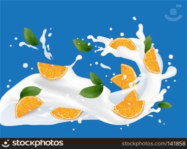 Juice milk yogurt orange slices splashing. Orange leaf. Juicy orange splash packaging template. Falling slices. Vector.