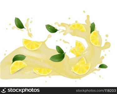 Juice splash 3d illustration with slices of lemon. Cream pouring. Juice splash 3d illustration with slices of lemon. Cream pouring wave yogurt packaging template. Realistic organic leaves healthy fruit product. Vector EPS10.