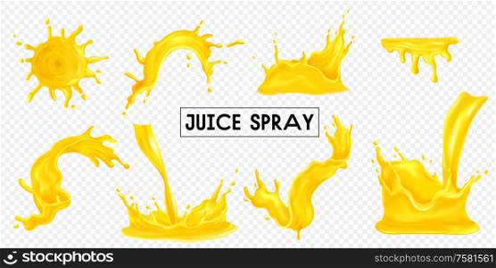 Juice spray and drop realistic transparent set isolated vector illustration