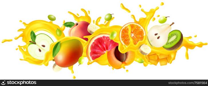 Juice spray and fruit concept with apple orange and peach realistic vector illustration