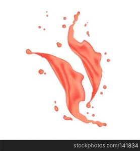 Juice tomato splash isolated on white. Red pink grapefruit juice splash. Liquid template design element. Vector illustration.