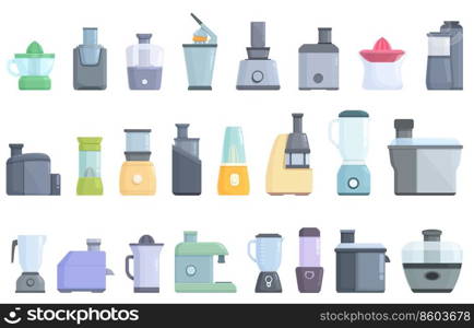 Juicer icons set cartoon vector. Food kitchen. Health home. Juicer icons set cartoon vector. Food kitchen