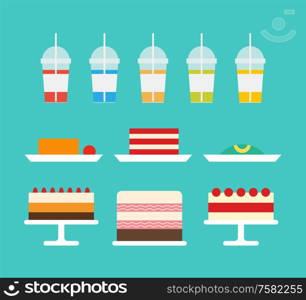 Juicy beverages and smoothies poured in cups vector. Cakes and natural drinks dessert with mousse and creamy top, fruits and decor on confectionery. Cakes Served on Plates and Juices in Plastic Cups