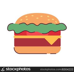 Juicy cheeseburger from fast food restaurant semi flat colour vector object. Hamburger with cheese. Editable cartoon style icon on white. Simple spot illustration for web graphic design and animation. Juicy cheeseburger from fast food restaurant semi flat colour vector object