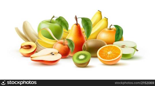 Juicy fruit. 3D appetizing fresh pear, bananas and apples. Whole and half peach. Vitamin kiwi and orange. Realistic healthy natural vegetarian food. Tropical plant products composition. Vector concept. Juicy fruit. 3D appetizing fresh pear, bananas and apples. Whole and half peach. Vitamin kiwi and orange. Realistic natural vegetarian food. Plant products composition. Vector concept