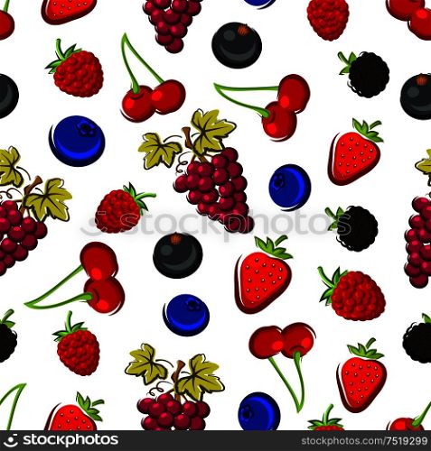Juicy fruits and berries seamless pattern of strawberry, cherry, purple grape, blueberry, raspberry, blackberry and currant with green leaves. Vegetarian dessert design. Summer fruits and berries seamless pattern