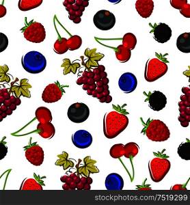 Juicy fruits and berries seamless pattern of strawberry, cherry, purple grape, blueberry, raspberry, blackberry and currant with green leaves. Vegetarian dessert design. Summer fruits and berries seamless pattern