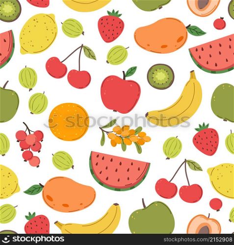 Juicy fruits pattern. Bright fruit texture, berries mix print. Fresh trendy vitamin background, summer tropical food exact vector seamless backdrop. Illustration fruit pattern, natural food. Juicy fruits pattern. Bright fruit texture, berries mix print. Fresh trendy vitamin background, summer tropical food exact vector seamless backdrop
