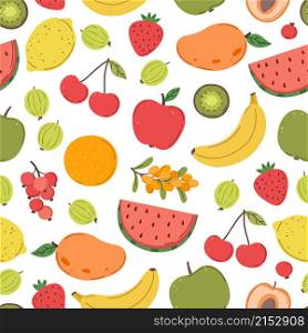 Juicy fruits pattern. Bright fruit texture, berries mix print. Fresh trendy vitamin background, summer tropical food exact vector seamless backdrop. Illustration fruit pattern, natural food. Juicy fruits pattern. Bright fruit texture, berries mix print. Fresh trendy vitamin background, summer tropical food exact vector seamless backdrop