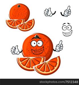 Juicy healthful orange fruit cartoon character with slices and funny face, for agriculture or food themes design. Cartoon happy orange fruit with slices