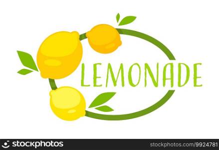 Juicy lemonade drink, organic product for detoxing and dieting. Healthy nutrition with vitamins and minerals. Lemonade beverage emblem, label with inscription and whole fruits, vector in flat style. Lemonade beverage emblem with lemons, juicy drink label