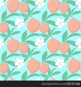 Juicy peaches and flowers seamless summer pattern. Beautiful repeating background with fruits, foliage and blossoms. Print for wallpaper, textile, packaging, design. Template tropical exotic nectarine