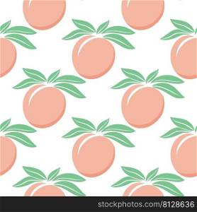 Juicy peaches seamless summer pattern vector illustration. Background with fruits and foliage. Template with nectarines for fabric, packaging and design. Healthy organic food model. Juicy peaches seamless summer pattern vector illustration