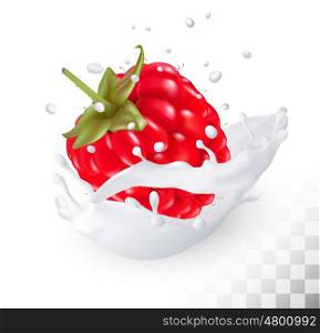 Juicy raspberry in a milk splash on a transparent background. Vector.