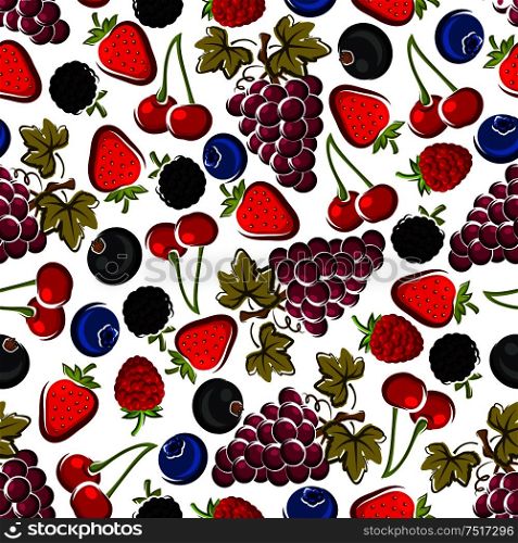 Juicy red cherries, strawberries and raspberries, blackberries and bunches of purple grapes with leaves, blueberries and blackcurrants fruits seamless pattern over white background. Recipe book flyleaf or agriculture theme design . Bright juicy fruits and berries seamless pattern