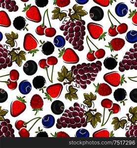 Juicy red cherries, strawberries and raspberries, blackberries and bunches of purple grapes with leaves, blueberries and blackcurrants fruits seamless pattern over white background. Recipe book flyleaf or agriculture theme design . Bright juicy fruits and berries seamless pattern