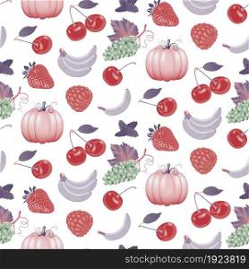 Juicy ripe fruits, berries and vegetables seamless pattern. Colorful vector illustration of strawberry, raspberry, grape, pumpkin, banana, cherry. A set of assorted fruits.. fruits, berries and vegetables seamless pattern