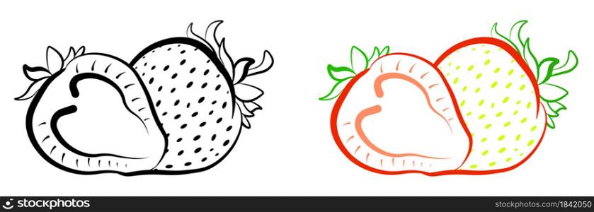 Juicy ripe strawberry whole and cutaway icon on empty background. Summer fruits and berries. Vegetarianism, vitamins, a healthy lifestyle. Isolated vector on white background