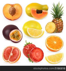 Juicy ripe sweet fruit. 3d realism, vector icon set