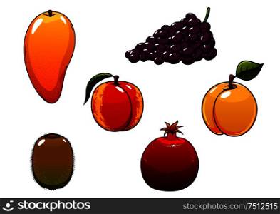 Juicy sweet orange mango, peach, apricot, purple grape, green kiwi and red pomegranate fruits for agriculture, harvest or healthy nutrition themes concept. Juicy and sweet isolated fresh fruits set