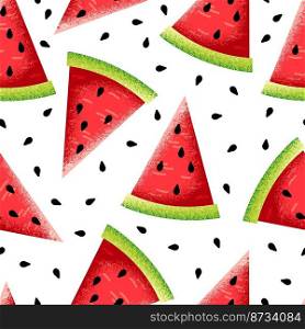 Juicy watermelon slice. Watercolor imitation watermelons and seeds seamless pattern. Summer fresh bright textured fruits print. Modern trendy vector background of watermelon watercolor. Juicy watermelon slice. Watercolor imitation watermelons and seeds seamless pattern. Summer fresh bright textured fruits print. Modern trendy vector background