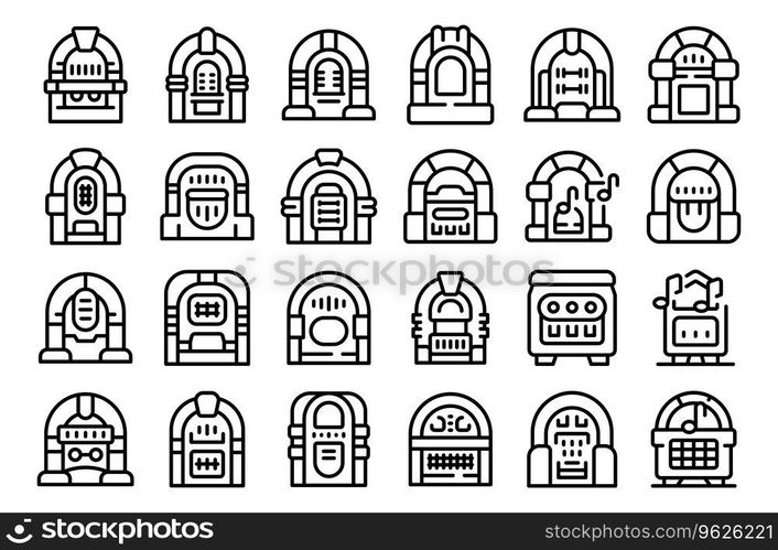 Jukebox icons set outline vector. Machine dance. Music restaurant. Jukebox icons set outline vector. Machine dance