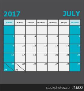 July 2017 calendar week starts on Sunday, stock vector