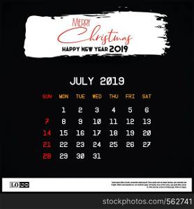 July 2019 New year Calendar Template. Brush Stroke Header Background. Vector EPS10 Abstract Template background