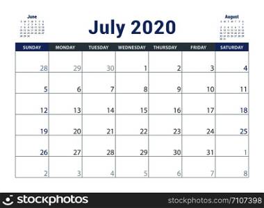 July 2020 calendar. English planner. ?olor vector template. Week starts on Sunday. Business planning. New year calender. Clean minimal table. Simple design