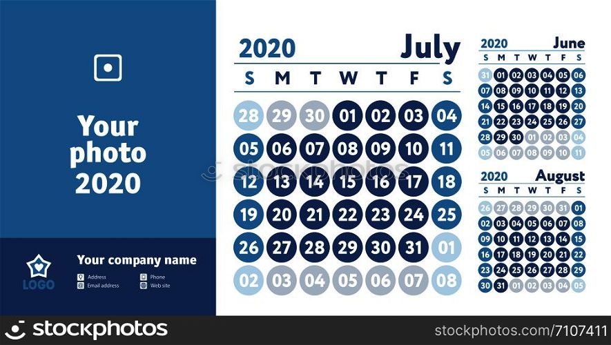 July 2020 calendar. New year planner design. English calender. Blue color vector template. Week starts on Sunday. Business planning.