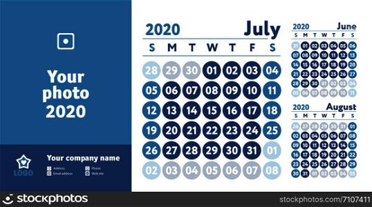 July 2020 calendar. New year planner design. English calender. Blue color vector template. Week starts on Sunday. Business planning.