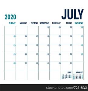 July 2020. Calendar planner. English calender template. Vector square grid. Office business planning. Creative design. Blue color