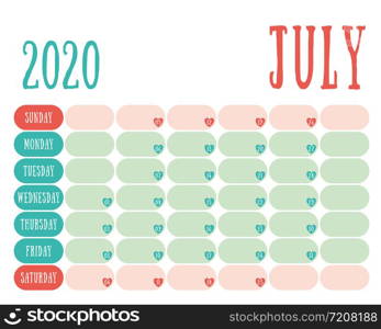 July 2020 diary. Calendar. Cute trend design. New year planner. English calender. Green and red color vector template. Notebook for notes. Week starts on Sunday. Planning. Hearts