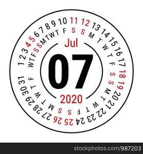 July 2020. Vector English ?alendar. Round calender. Week starts on Sunday. Design template. Circle. Seventh month