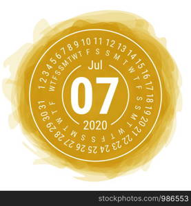 July 2020. Vector English ?alendar. Watercolor kid's sketch doodle style. Color hand drawn frame. Round calender. Smoky circle