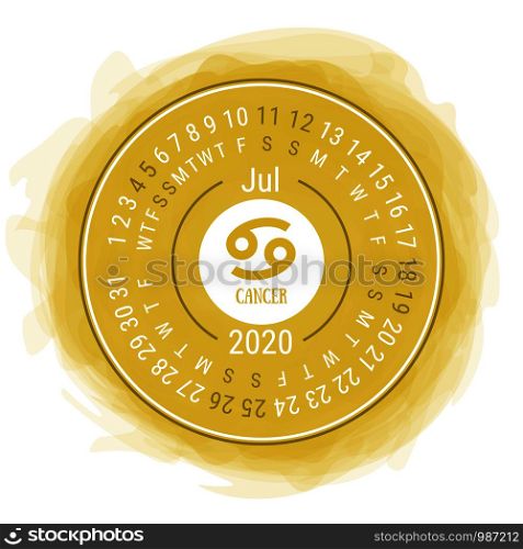 July 2020. Vector English ?alendar. Zodiac sign. Cancer. Astrological symbol. Zodiacal color vector horoscope. Watercolor kid's sketch doodle style. Hand drawn frame. Round calender. Smoky circle