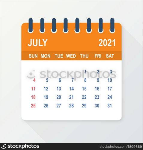 July 2021 Calendar Leaf. Calendar 2021 in flat style. Vector illustration. July 2021 Calendar Leaf. Calendar 2021 in flat style. Vector illustration.