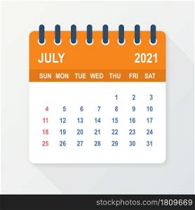 July 2021 Calendar Leaf. Calendar 2021 in flat style. Vector illustration. July 2021 Calendar Leaf. Calendar 2021 in flat style. Vector illustration.