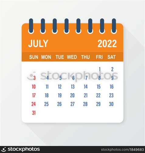 July 2022 Calendar Leaf. Calendar 2022 in flat style. Vector illustration. July 2022 Calendar Leaf. Calendar 2022 in flat style. Vector illustration.
