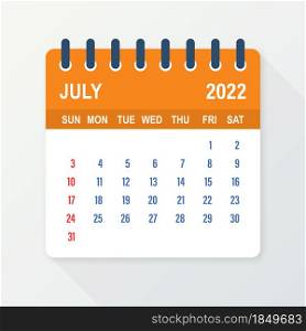 July 2022 Calendar Leaf. Calendar 2022 in flat style. Vector illustration. July 2022 Calendar Leaf. Calendar 2022 in flat style. Vector illustration.