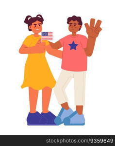 July 4 kids flat vector spot illustration. Latina girl and african american boy celebrating america independence day 2D cartoon characters on white for web UI design. Isolated editable hero image. July 4 kids flat vector spot illustration