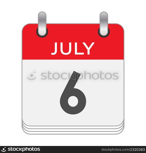 JULY 6. A leaf of the flip calendar with the date of JULY 6. Flat style.